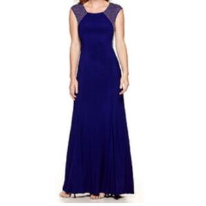 Elegant Navy Dress Gown with Sparkling Accents Sheer Back size 8